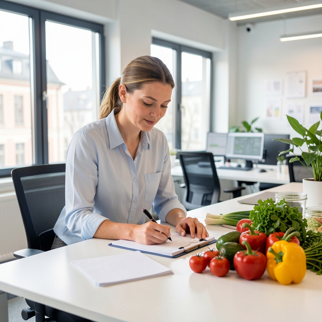 Ernährungsfachperson bei der Arbeit mit Notizen und frischen Lebensmitteln auf einem hellen Arbeitstisch in einem modernen Büro in Zürich