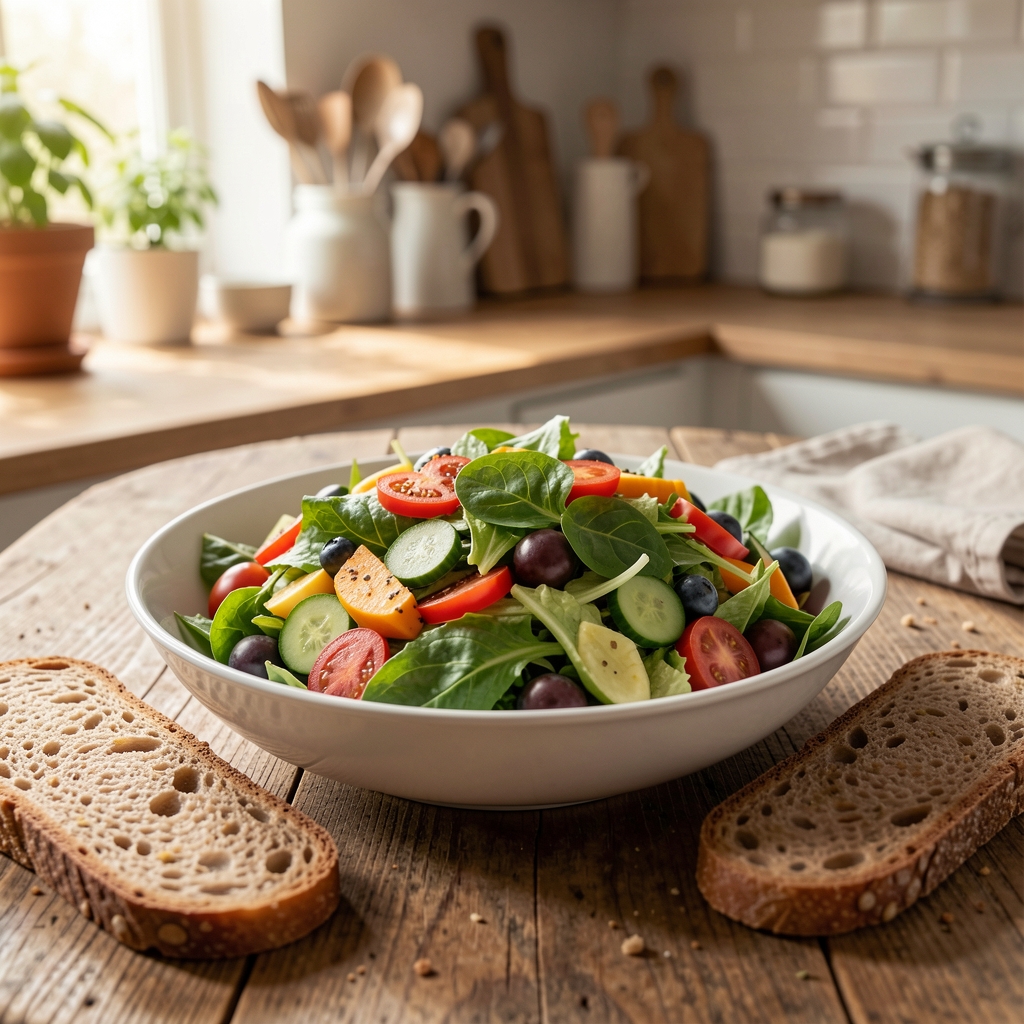 Frisch zubereiteter Salat mit saisonalem Gemüse und Vollkornbrot auf einem Holztisch, natürliches Tageslicht, Küchenatmosphäre