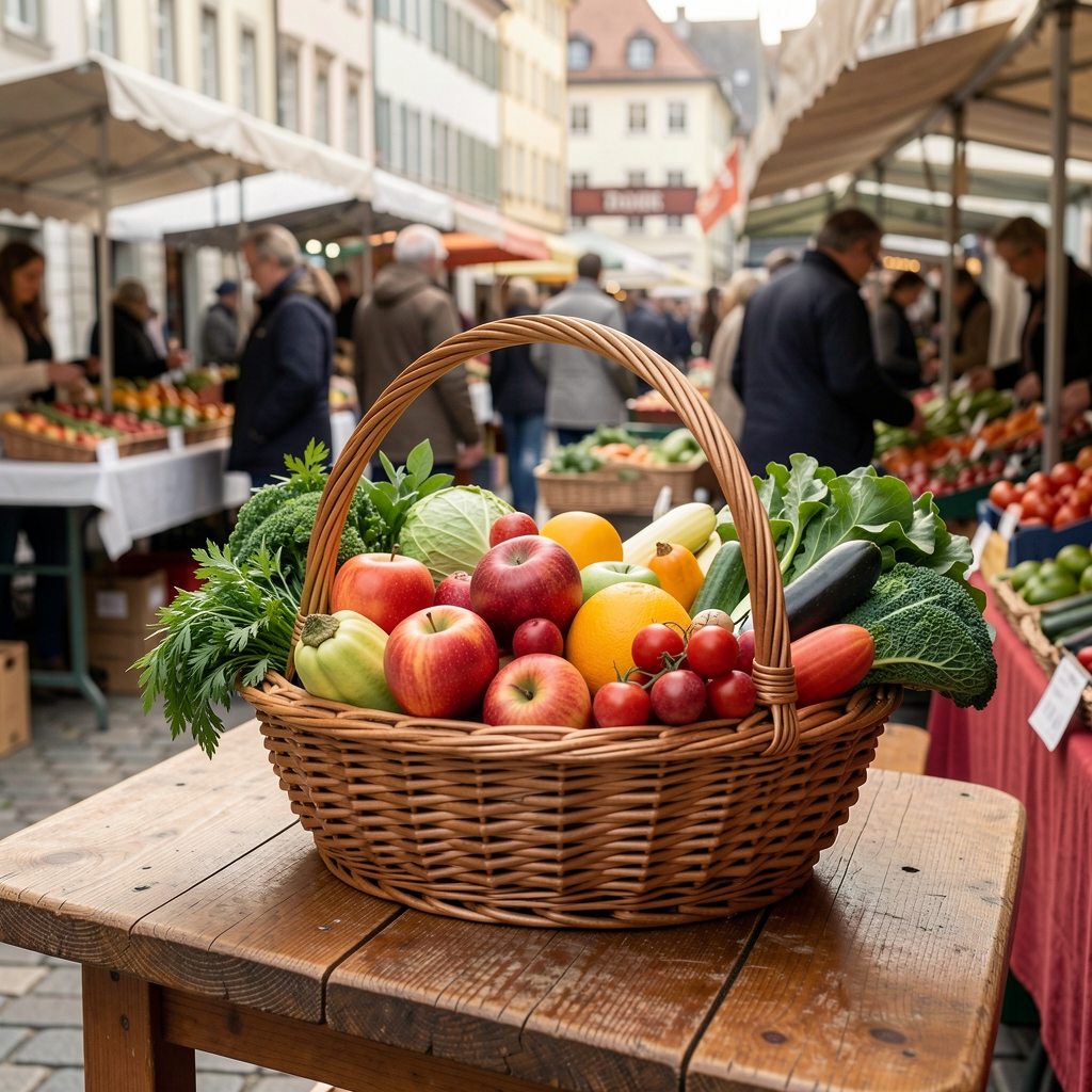 Korb mit frischem saisonalem Obst und Gemüse auf einem Holztisch, Zürcher Wochenmarkt, natürliches Licht