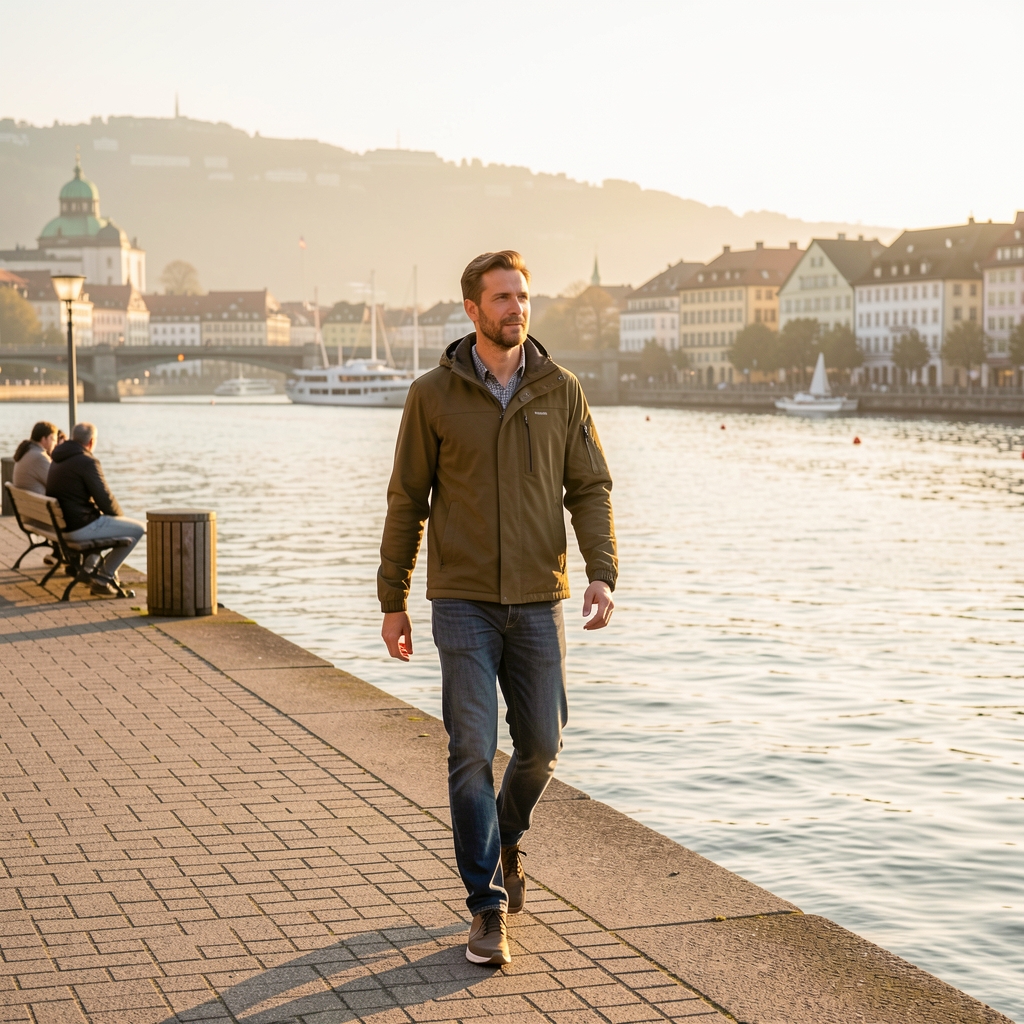 Person beim morgendlichen Spaziergang an der Zürcher Seeuferpromenade, goldenes Morgenlicht, aktiver Lebensstil