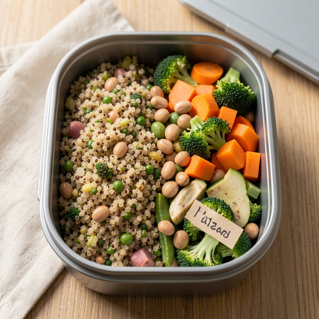 Gut gefüllte Lunchbox mit ausgewogener Mahlzeit: Quinoa, Gemüse, Hülsenfrüchte, portioniert und beschriftet