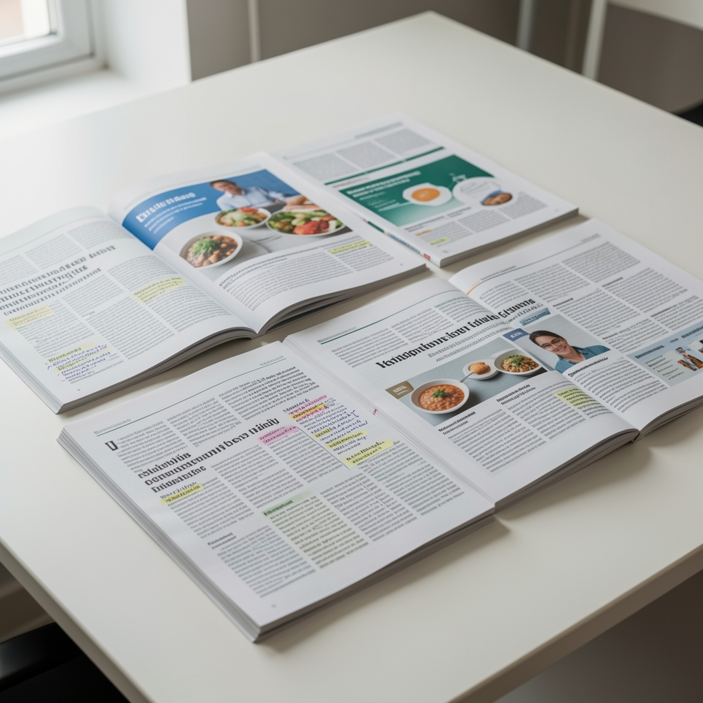 Aufgeschlagene wissenschaftliche Fachzeitschriften und Ernährungsstudien auf einem hellen Schreibtisch, sorgfältig angeordnet mit Textmarkierungen und Randnotizen