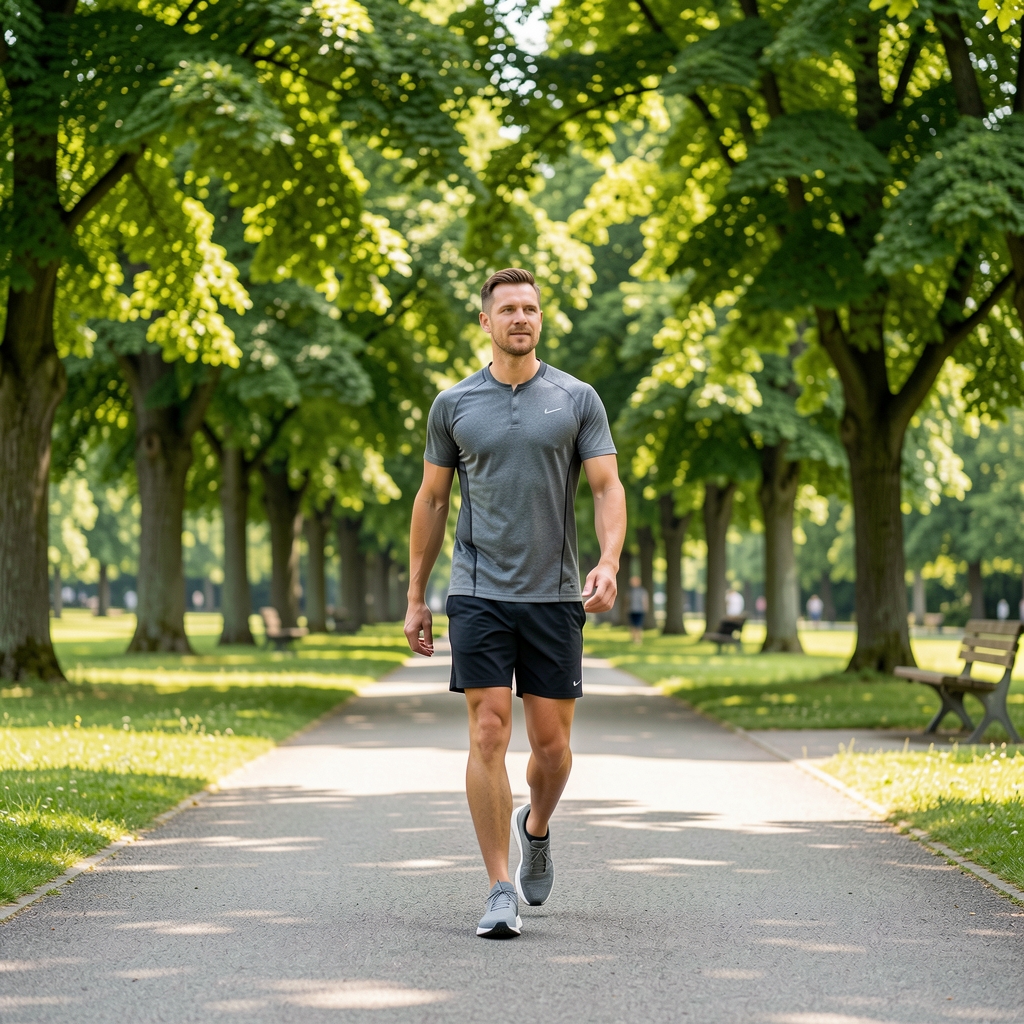 Person beim Morgenspaziergang in einem Zürcher Park, grüne Bäume im Hintergrund, helles Tageslicht, sportliche Kleidung, entspanntes Tempo