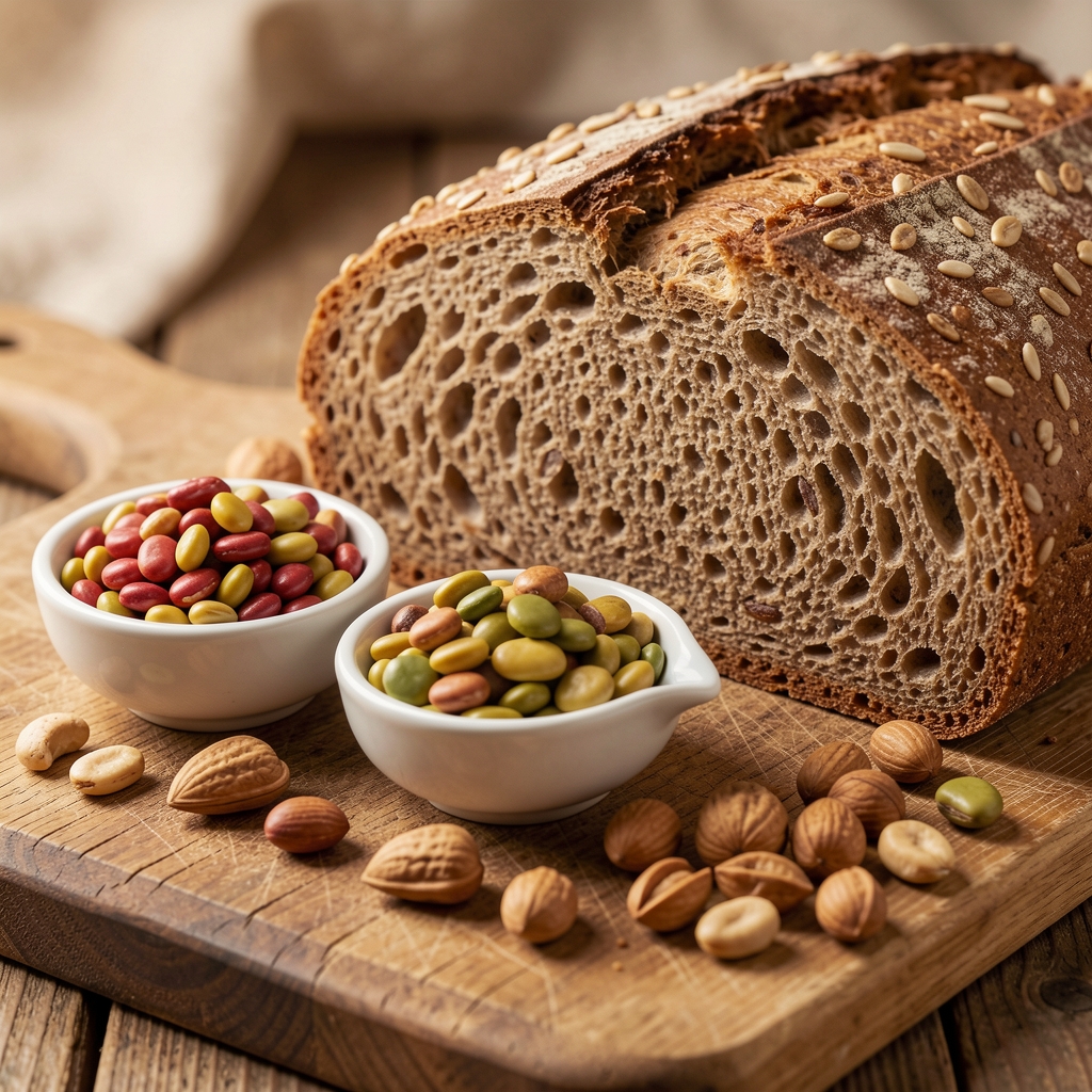 Vollkornbrot, Hülsenfrüchte in kleinen Schalen und Nüsse auf einem Holzbrett, Nahaufnahme mit natürlicher Beleuchtung, gesunde Lebensmittelauswahl